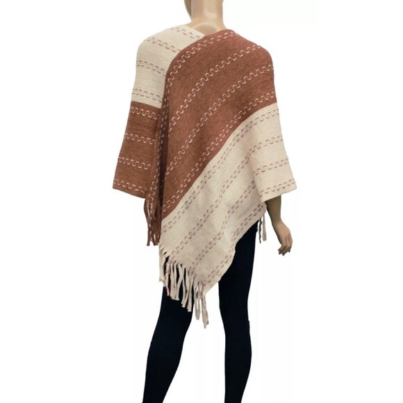 Two-Tone Knit Stripe Poncho with Fringe - Picture 4 of 6